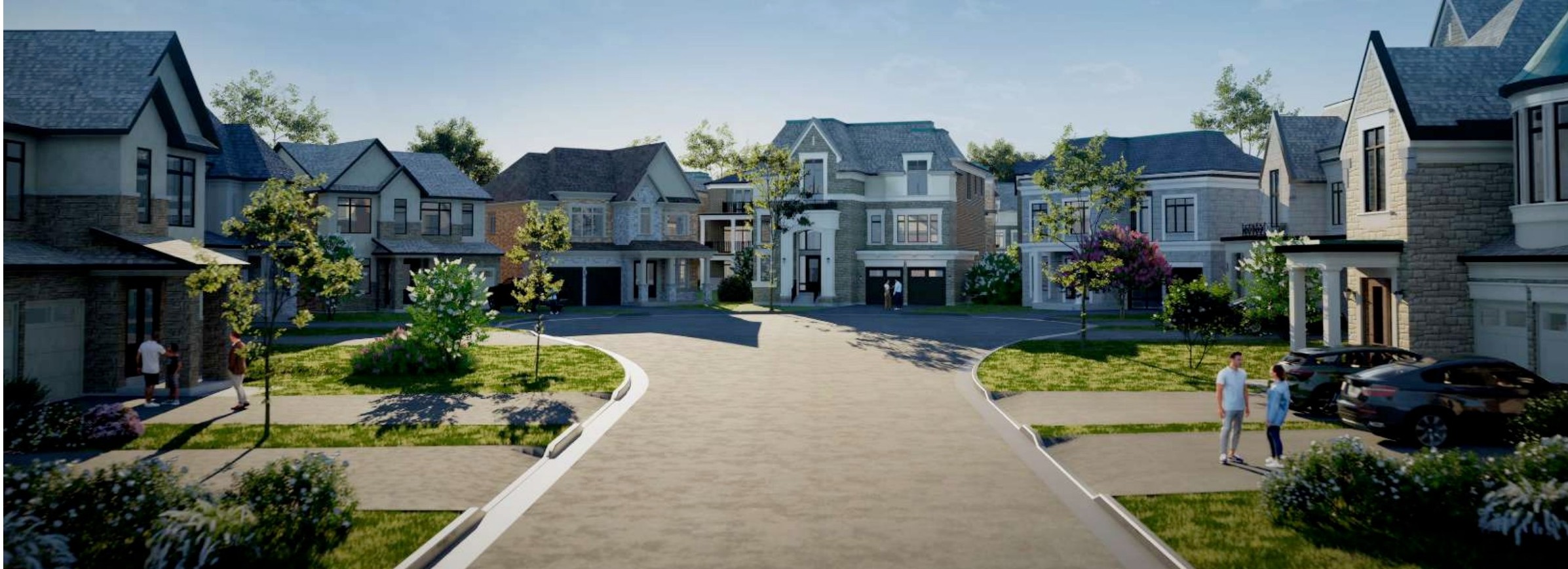 Rendering of detached residences along a landscaped street